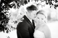Bride and groom under tree in black and white